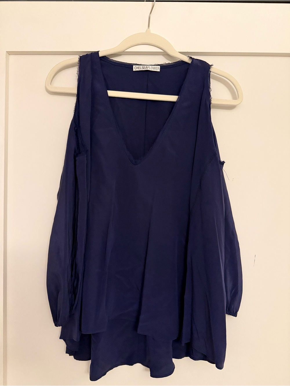 Chelsea Flower Navy Cold-Shoulder V-Neck Blouse - 100% Silk